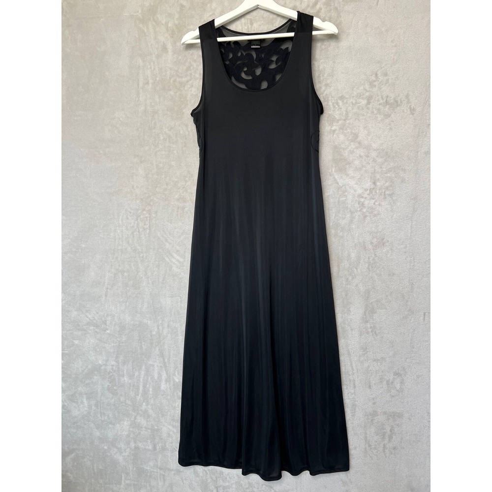 Natori Black Maxi Dress Sheer Mesh Back Appliqué Romantic‎ Boho Gothic Evening M